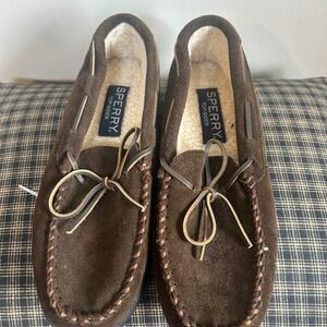 Sperry‎ Moccasin Slippers Women 10 Brown Leather Faux Fur Lined WSM1002